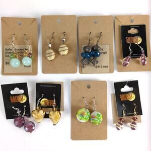 NEW 8 Pair Lot Art Glass Dangle Earrings, Safari Murano Purple Gold Pewter Blue+